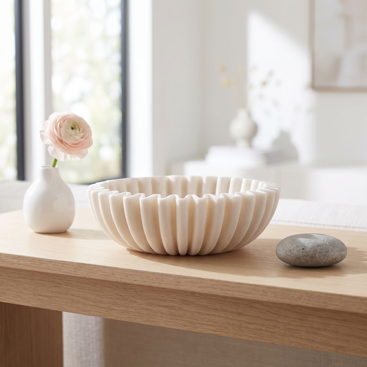 Tigela decorativa creme ondulada sobre um aparador claro