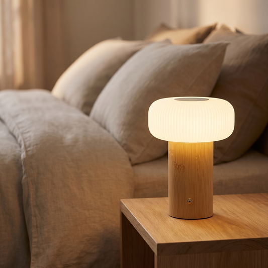 Candeeiro Stafford em bambu aceso numa mesa de cabeceira