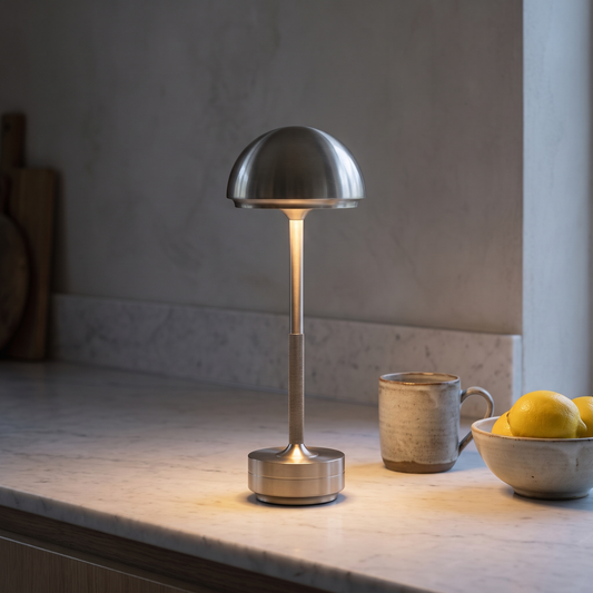 Candeeiro de mesa Lyneham prateado aceso numa bancada de cozinha