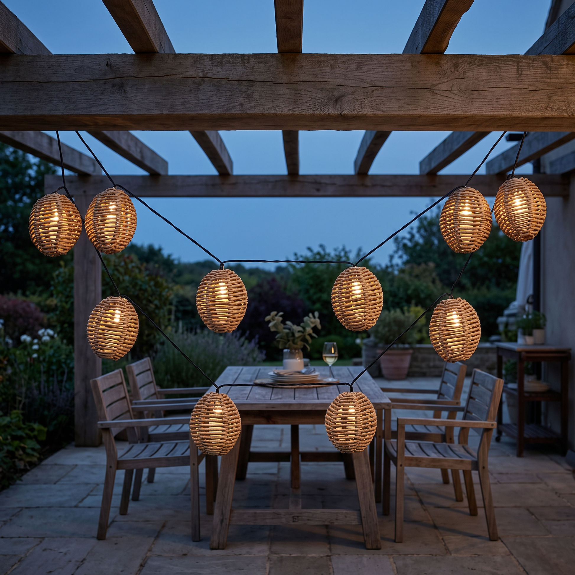 Luz de cordão Carlisle acesa numa pérgola ao anoitecer
