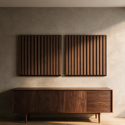Painéis acústicos em nogueira numa parede de sala