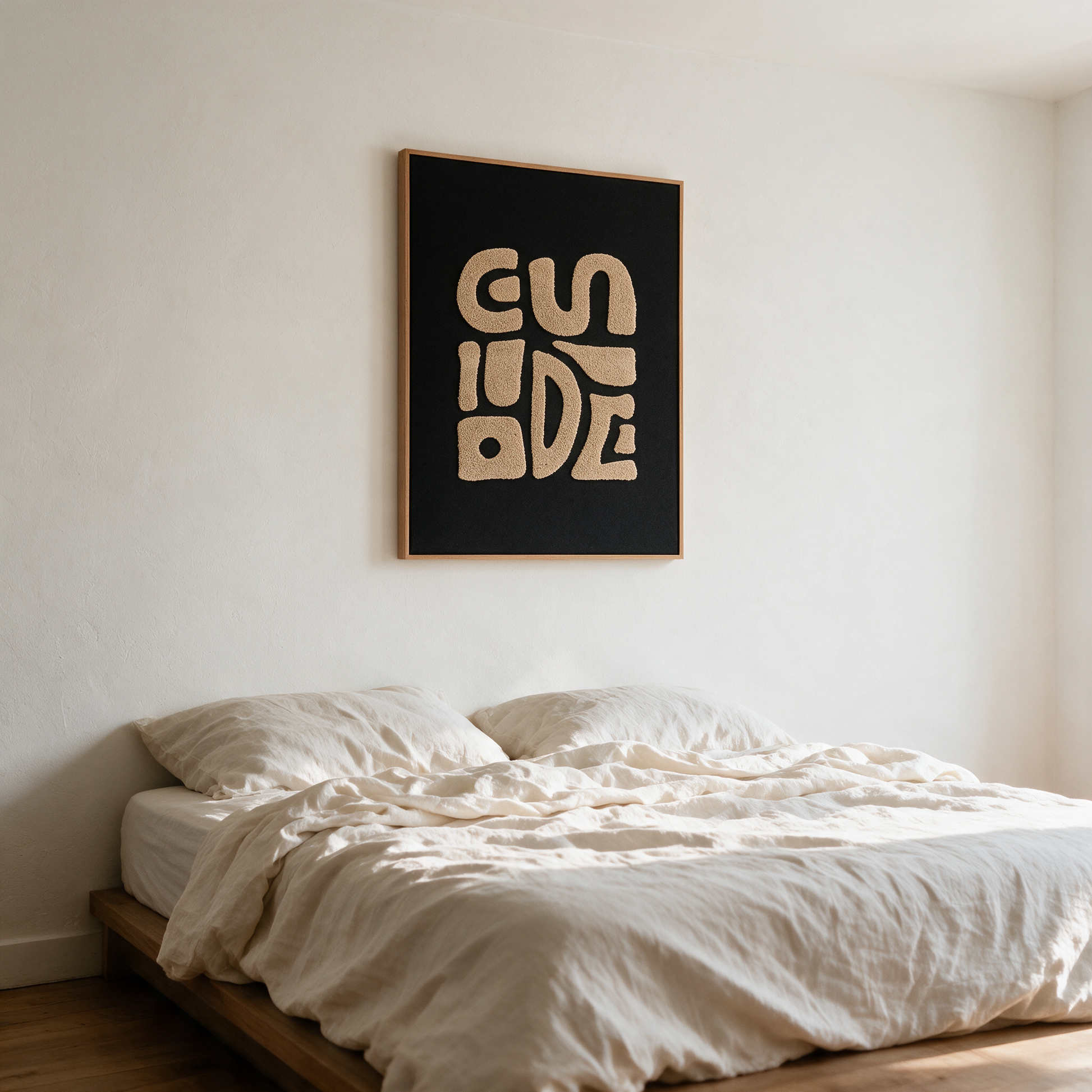 Decoração de parede Tine com tufos bege e preto num quarto