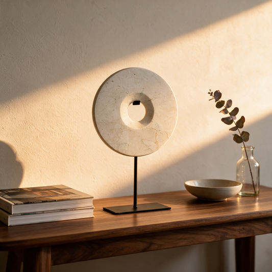 Disco Decorativo em Mármore Branco com Base Preta