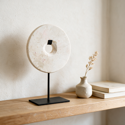 Disco decorativo pequeno em mármore branco numa prateleira