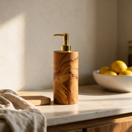 Dispensador de sabão em madeira natural numa bancada de cozinha