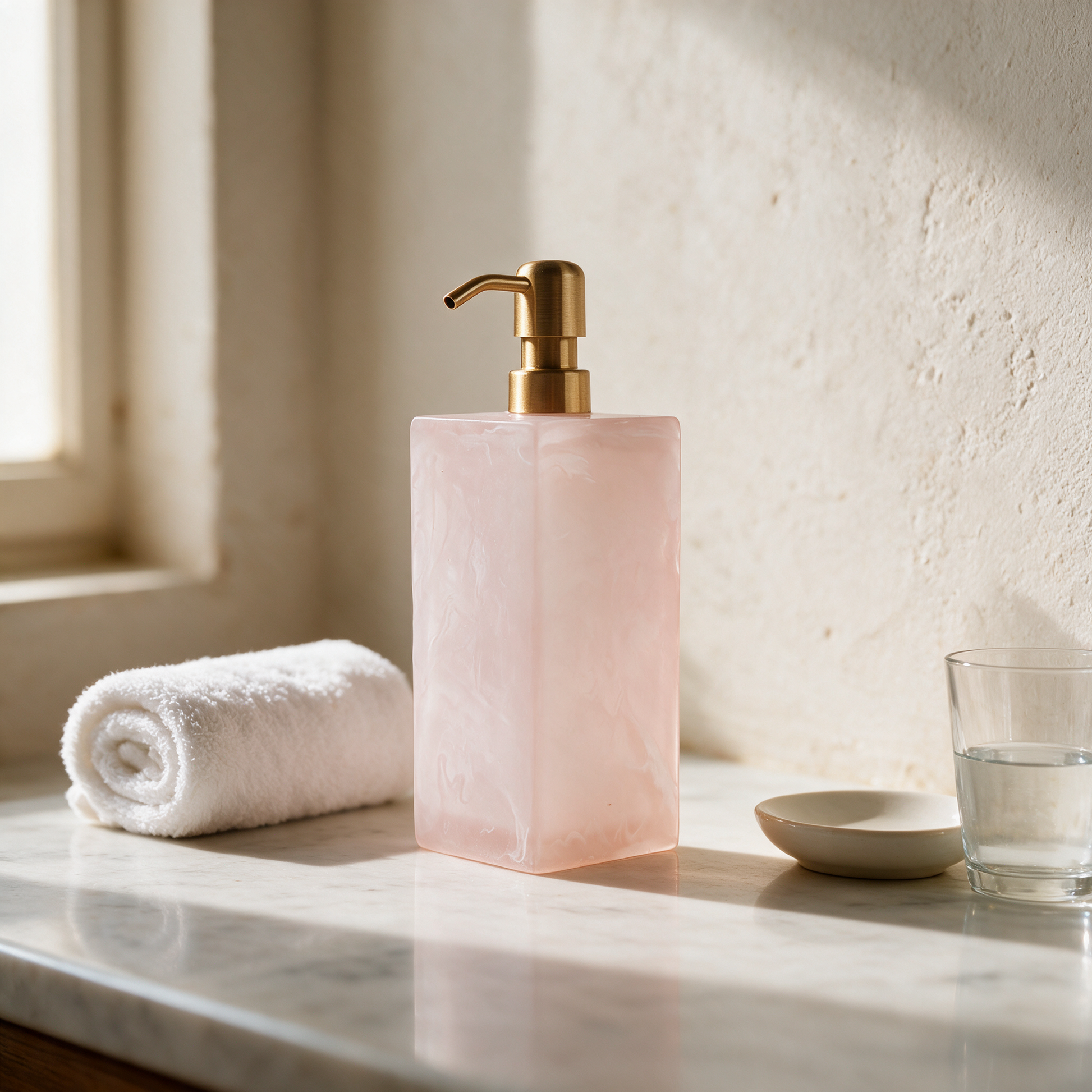 Dispensador de sabão em resina rosa e branca numa bancada de mármore