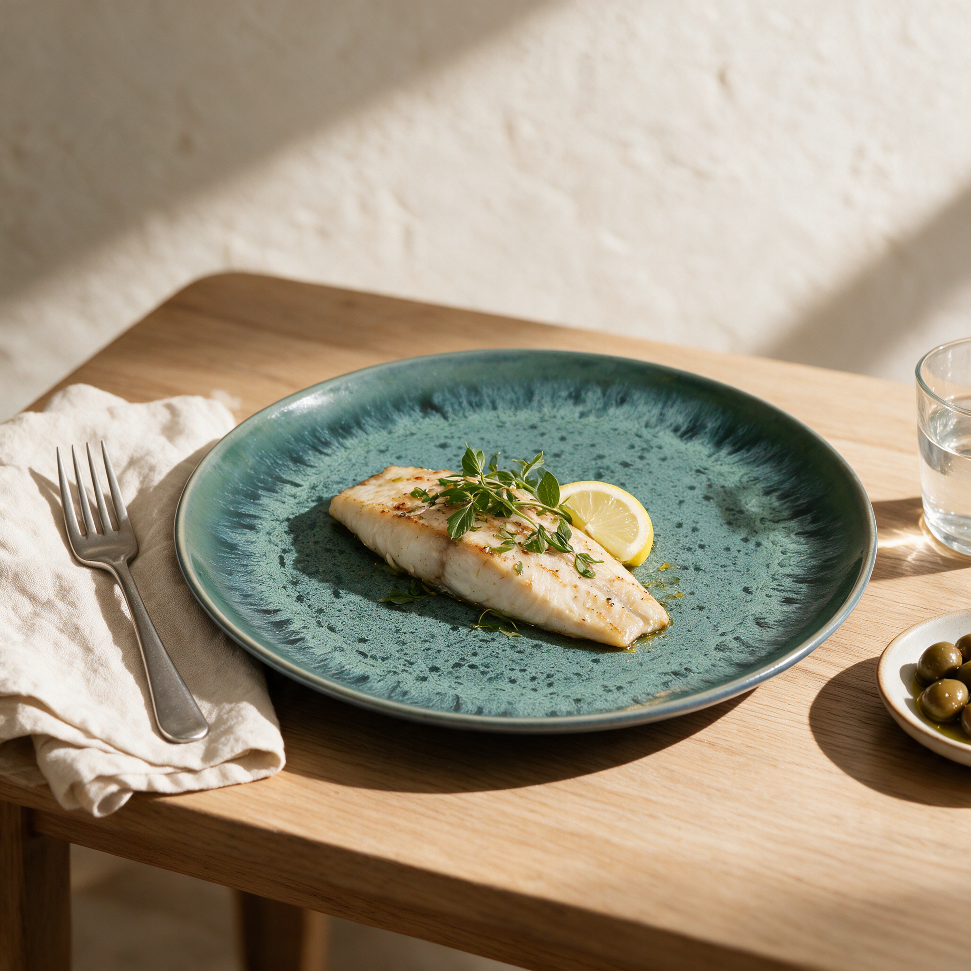 Prato de jantar Aqua em grés azul-água com peixe grelhado