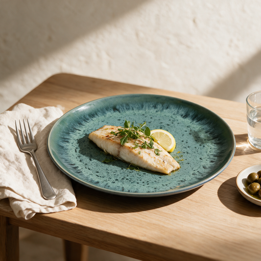 Prato de jantar Aqua em grés azul-água com peixe grelhado