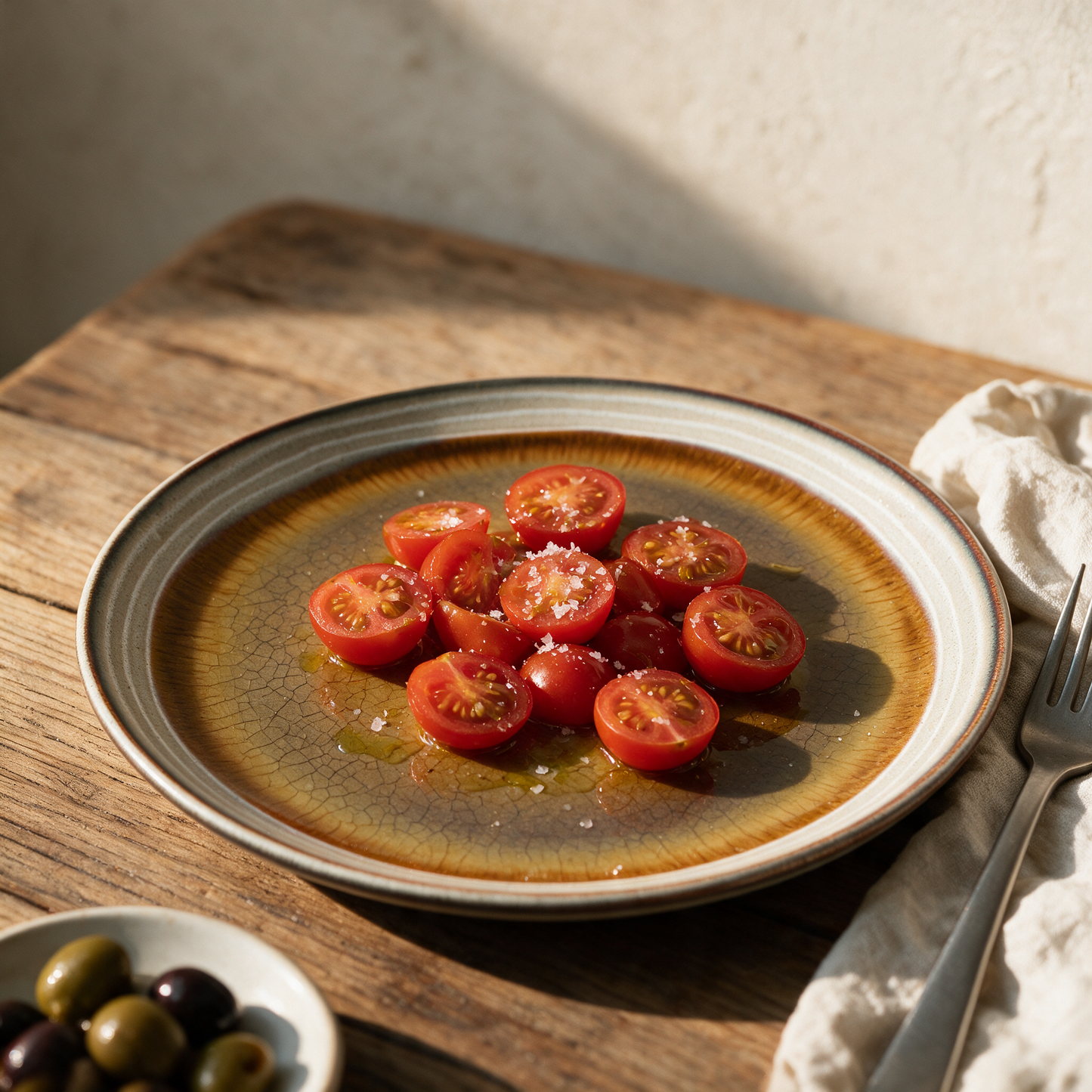 Prato de salada Comporta em grés craquelado com tomate e azeite