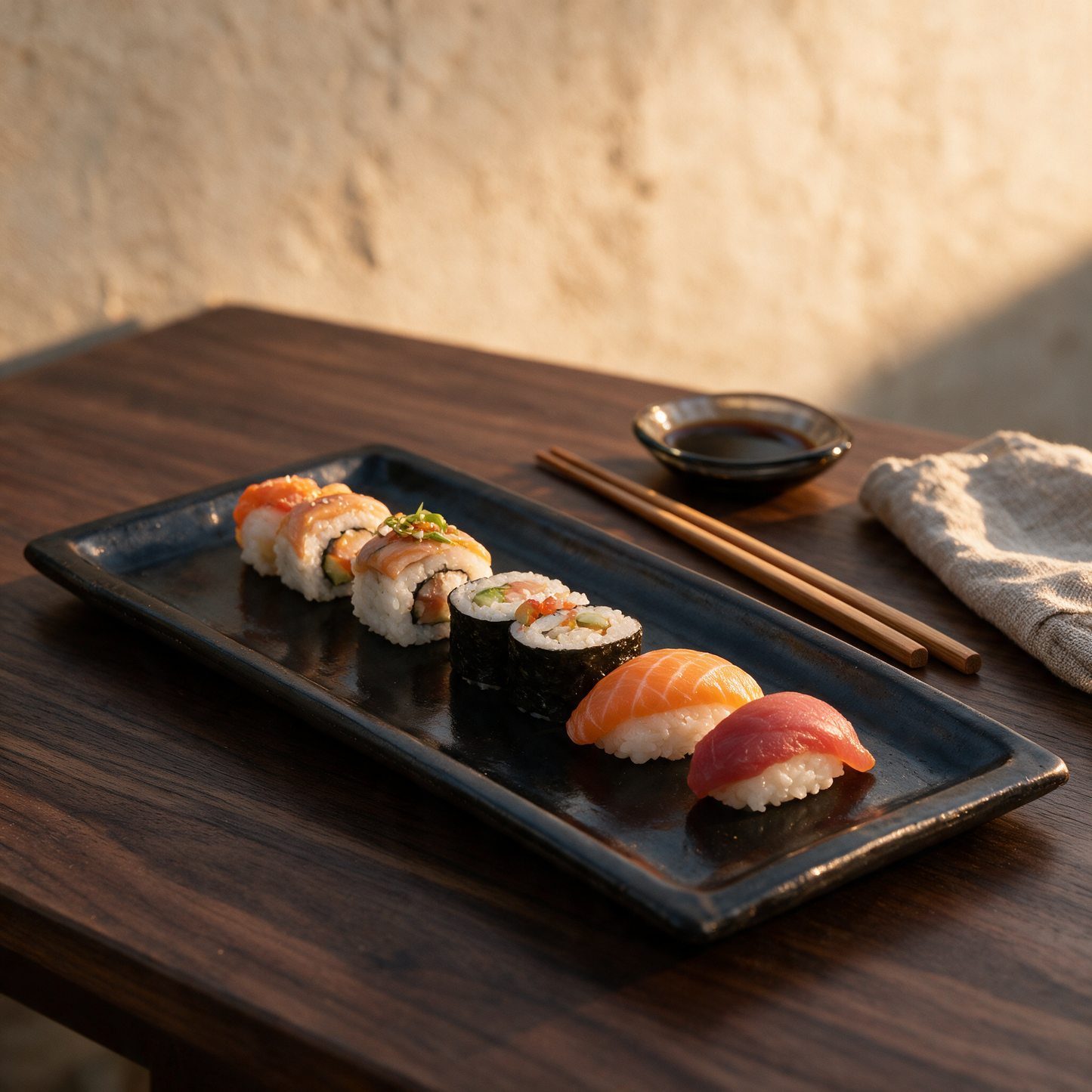 Prato de sushi queimado em cerâmica preta com sushi em fila