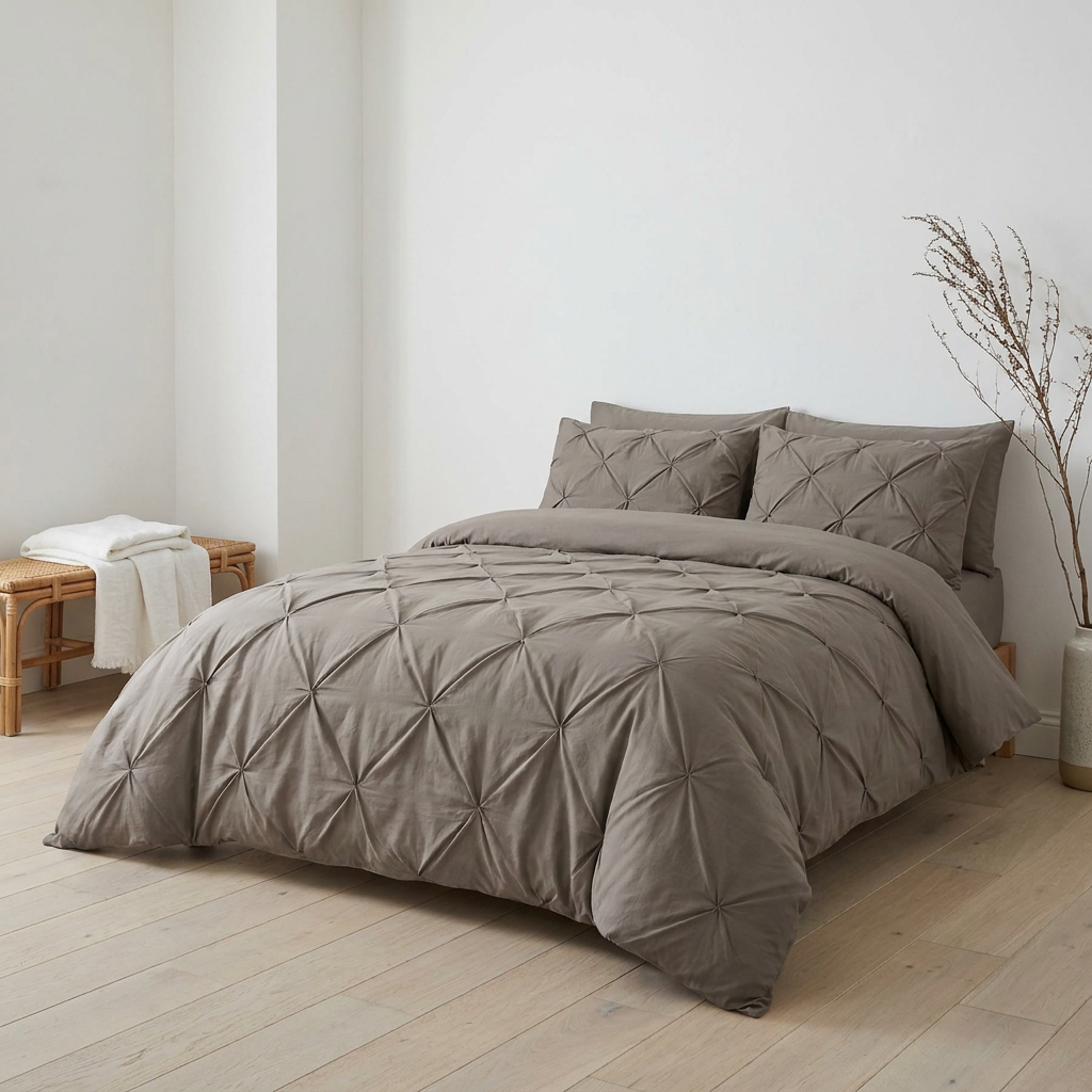 Capa de Edredão Salvador em algodão taupe com pintuck, 240 × 220 cm, num quarto de luz neutra