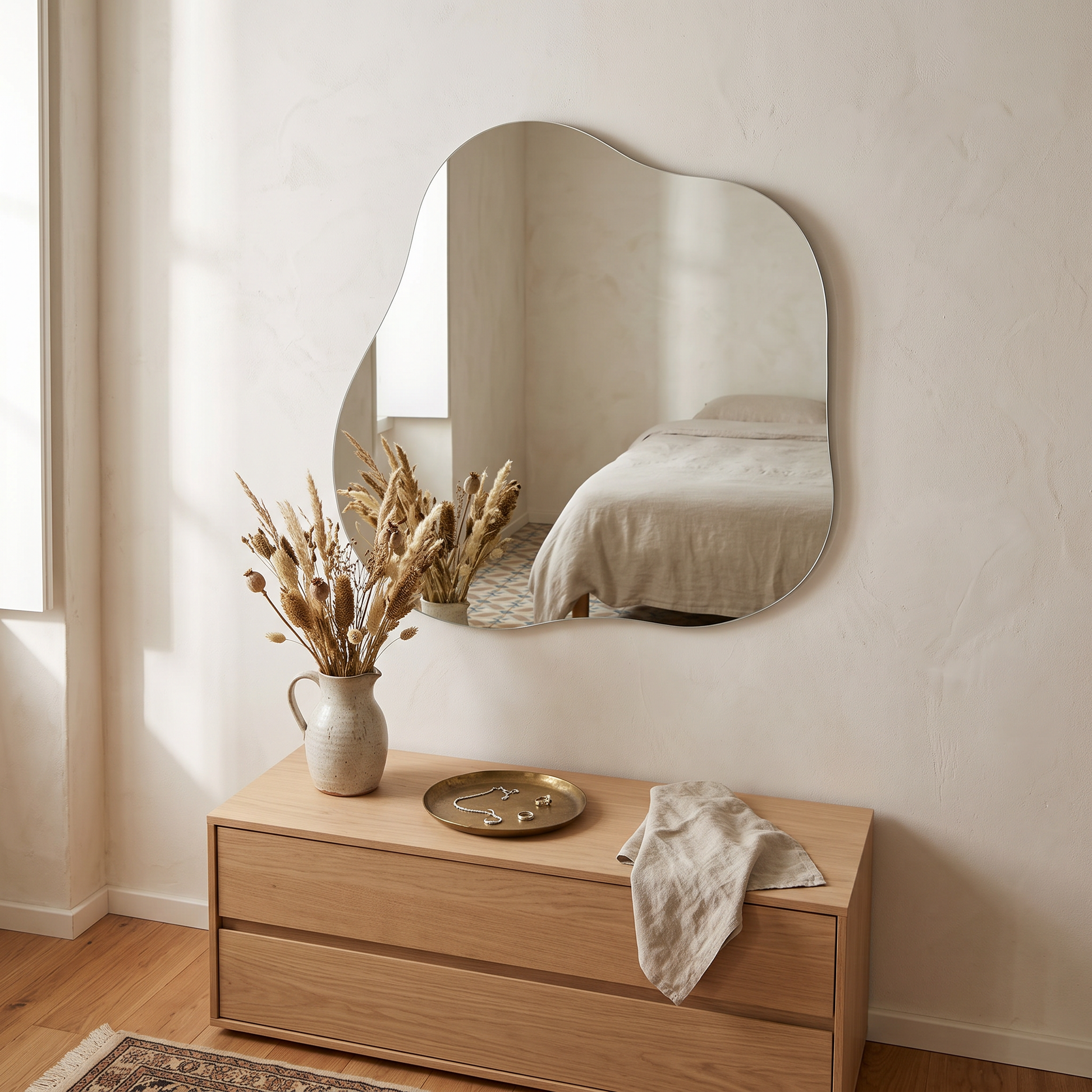 Espelho Palermo de forma orgânica num quarto sobre uma cómoda