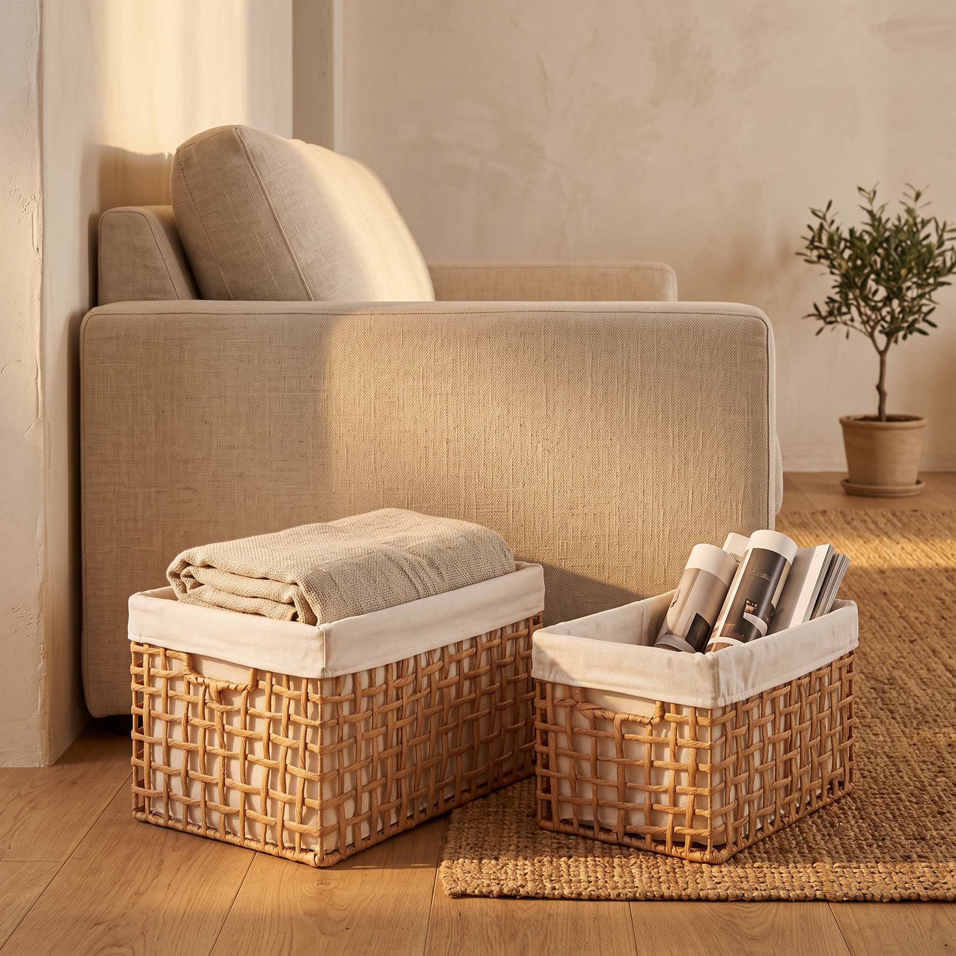Conjunto de dois cestos Bustelo em papel entrançado numa sala