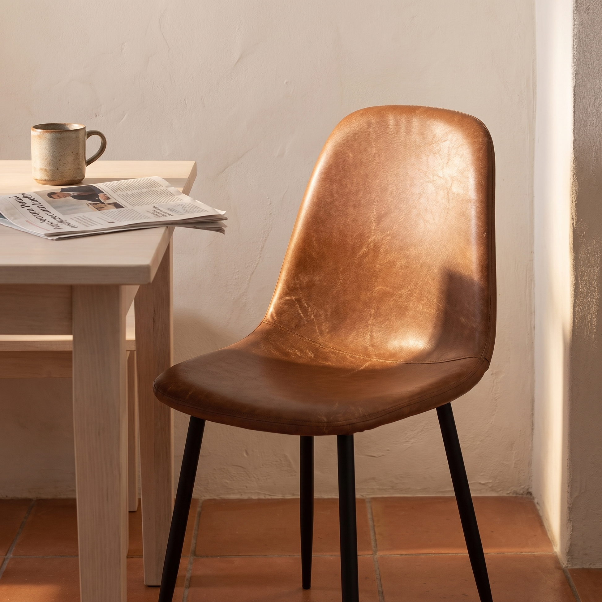 Cadeira de jantar Stockholm em couro castanho vintage numa cozinha