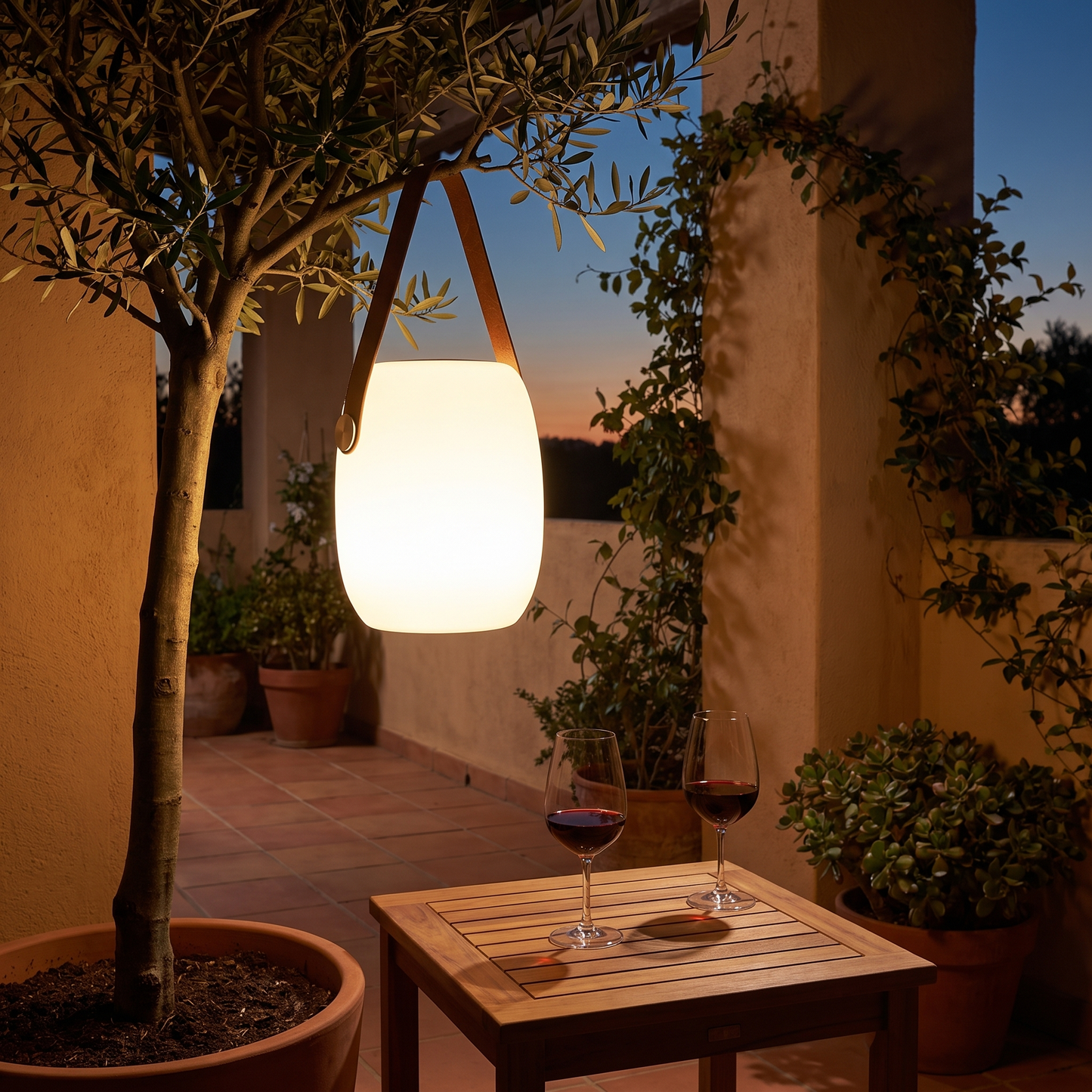 Candeeiro LED Cardiff com coluna Bluetooth pendurado num ramo
