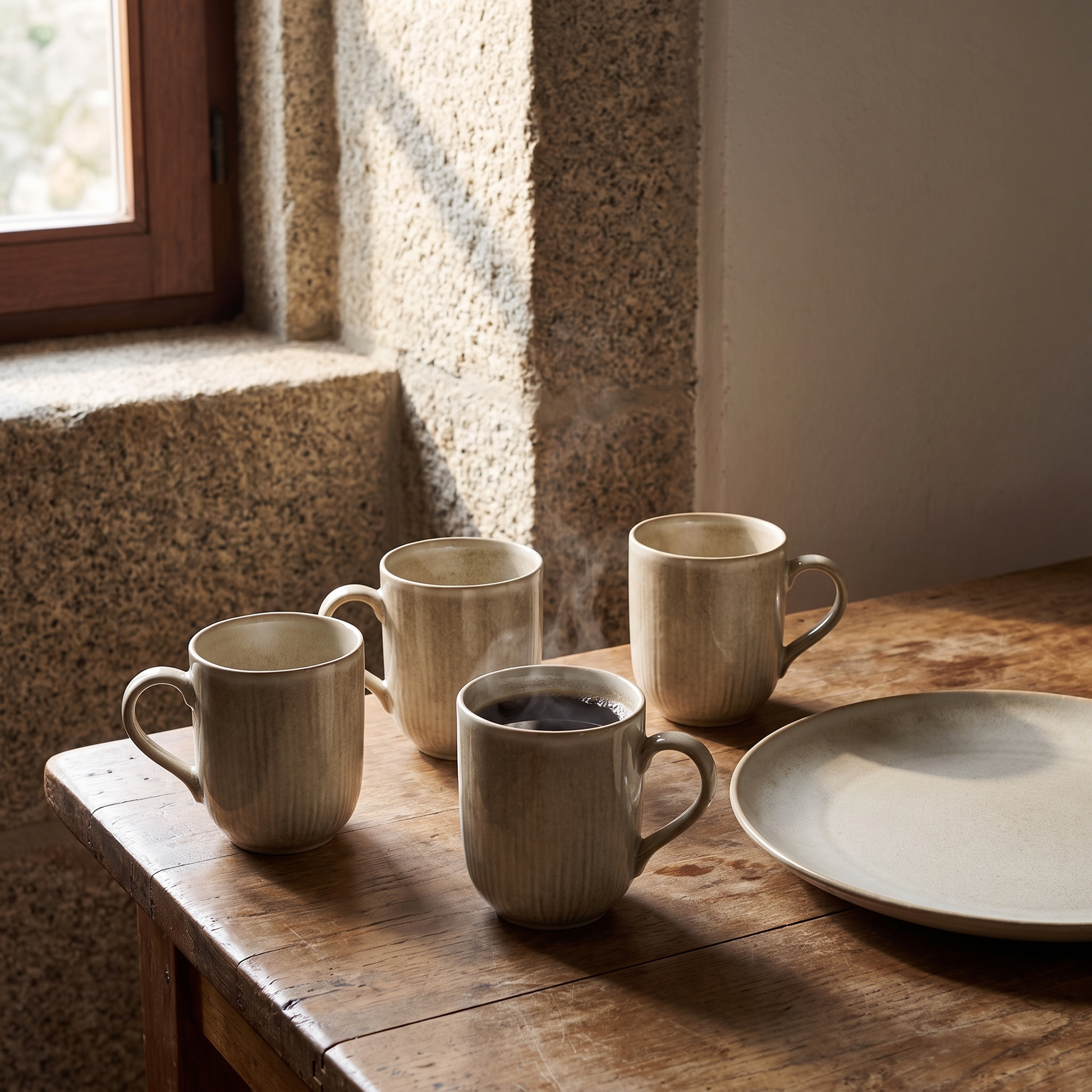 Conjunto de quatro canecas Viola em grés bege numa mesa de cozinha