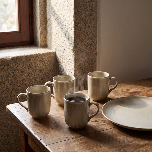Conjunto de quatro canecas Viola em grés bege numa mesa de cozinha