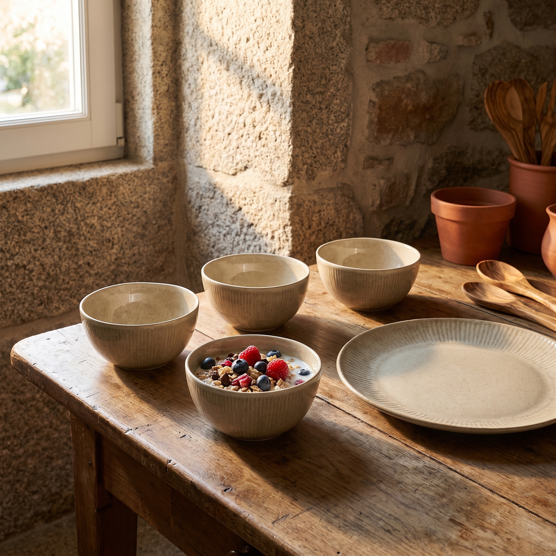 Conjunto de quatro tigelas Viola em grés bege numa cozinha de granito