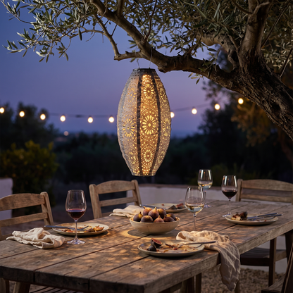Lanterna LED Foxdale solar acesa num jantar de jardim