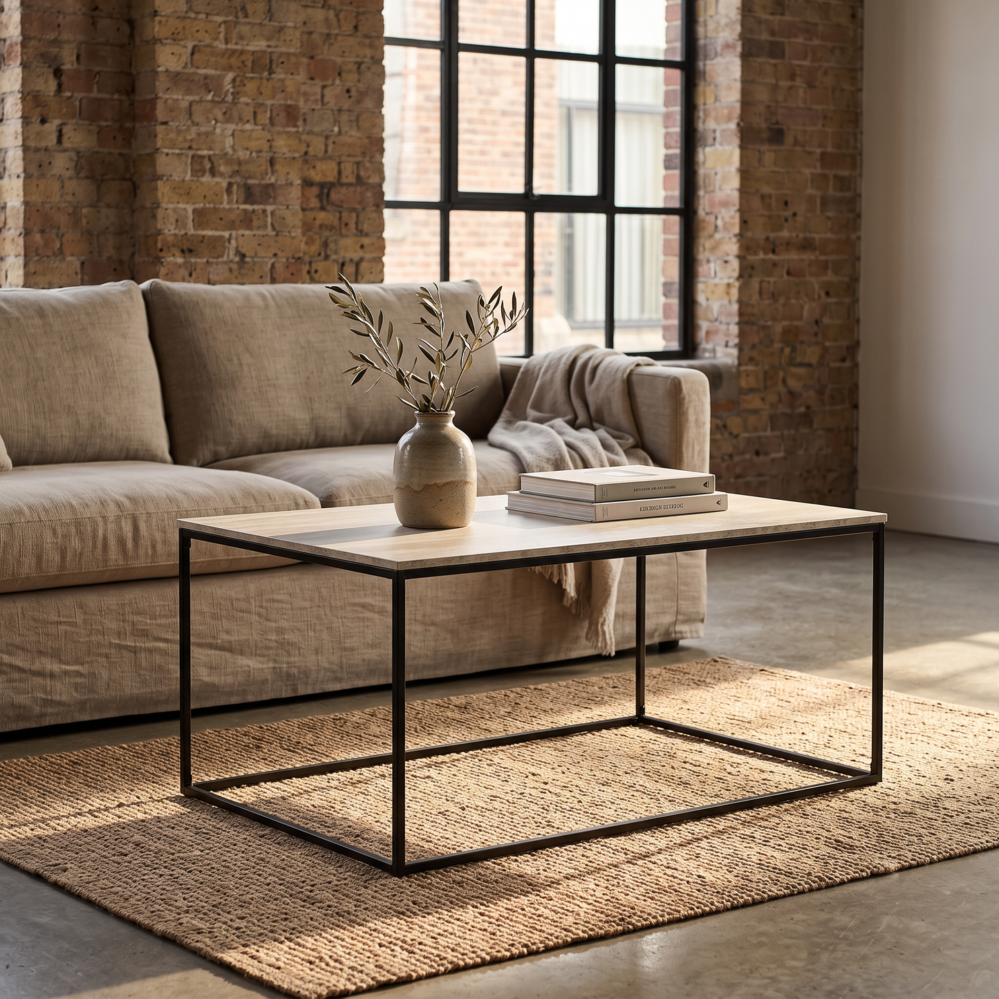 Mesa de centro Vita com tampo em travertino num loft