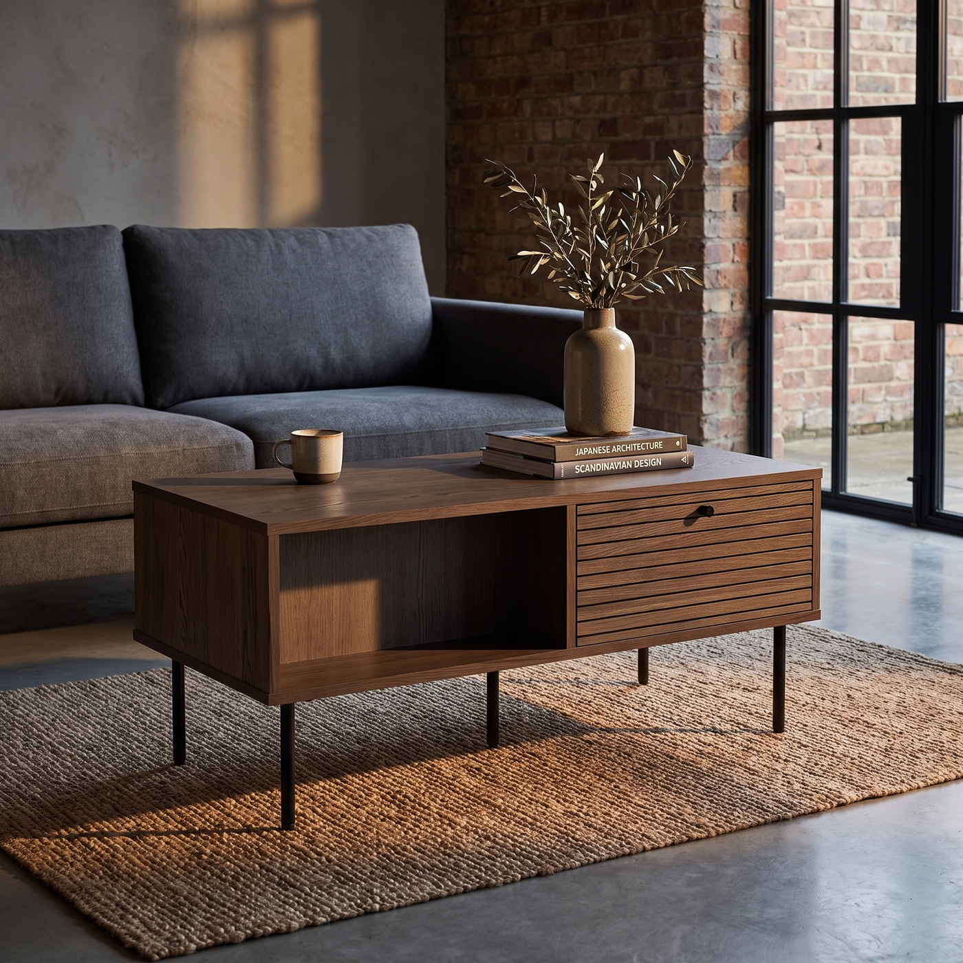 Mesa de centro Kyoto em carvalho fumado com duas gavetas num loft