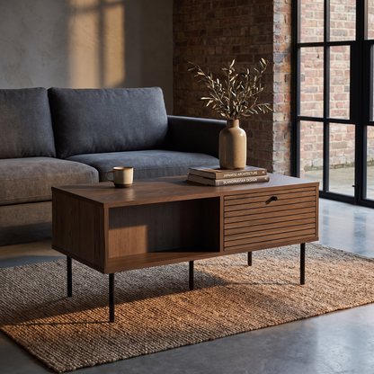 Mesa de centro Kyoto em carvalho fumado com duas gavetas num loft