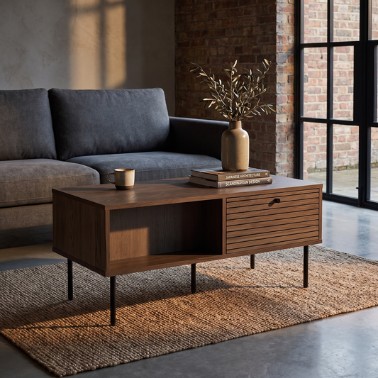 Mesa de centro Kyoto em carvalho fumado com duas gavetas num loft