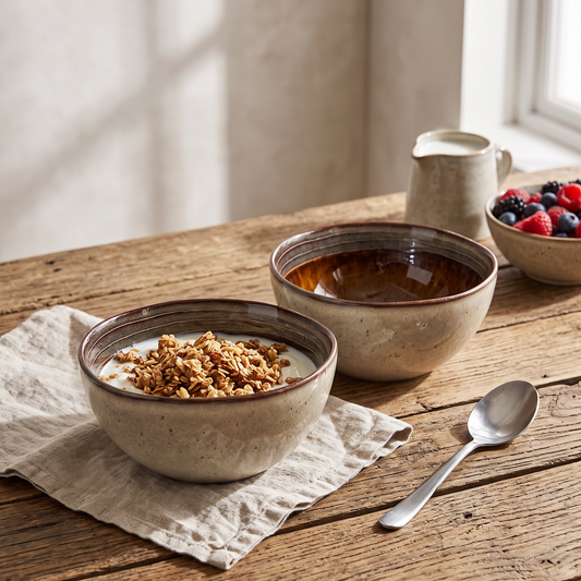 Duas tacas de cereais Comporta em gres craquele creme com interior castanho, numa mesa de madeira ao pequeno-almoco
