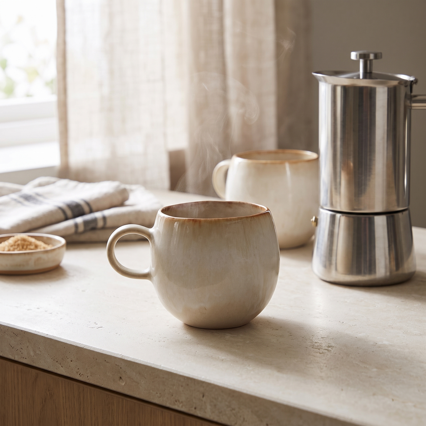Duas canecas Cascais em gres creme com aro caramelo numa bancada de cozinha, com cafeteira italiana