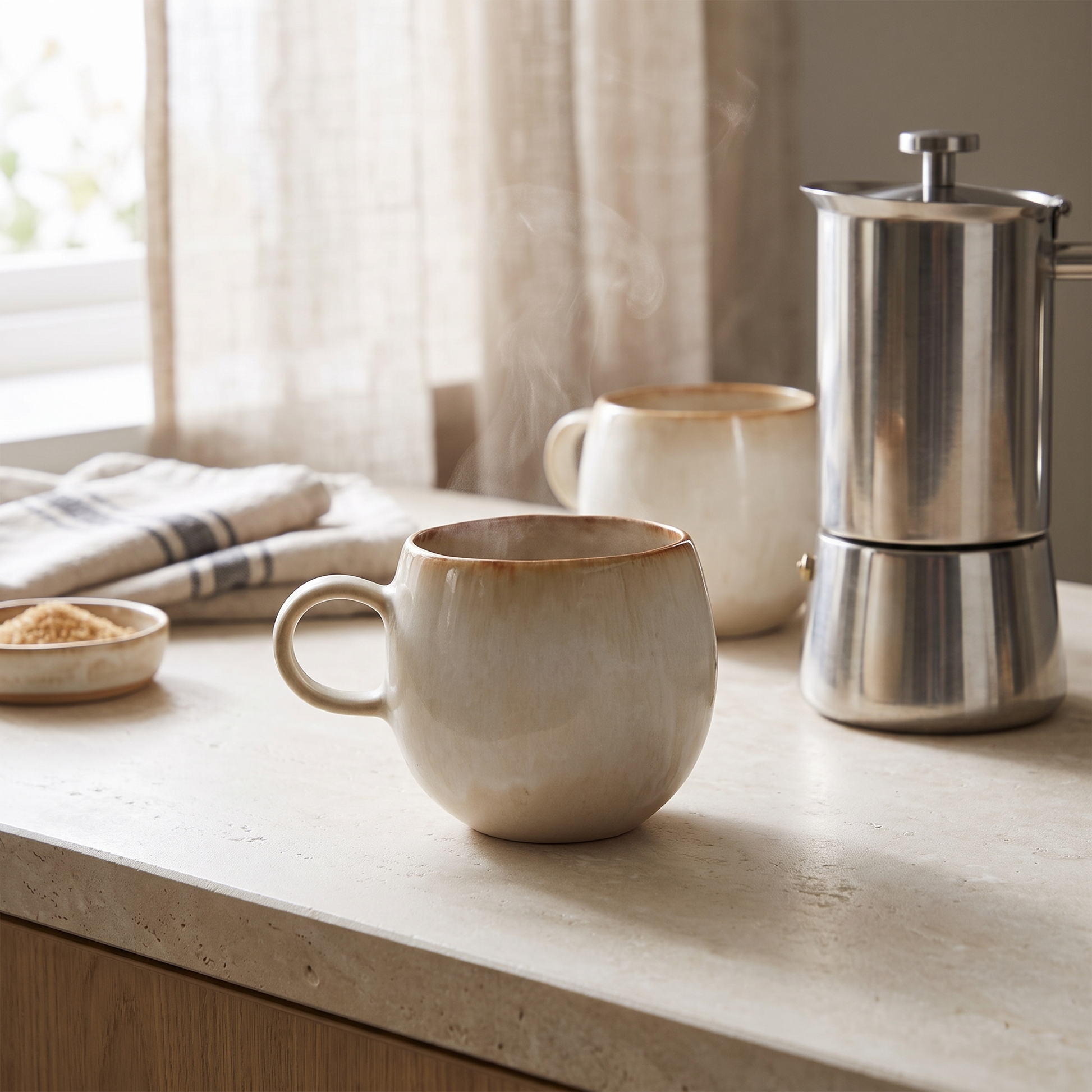 Duas canecas Cascais em gres creme com aro caramelo numa bancada de cozinha, com cafeteira italiana