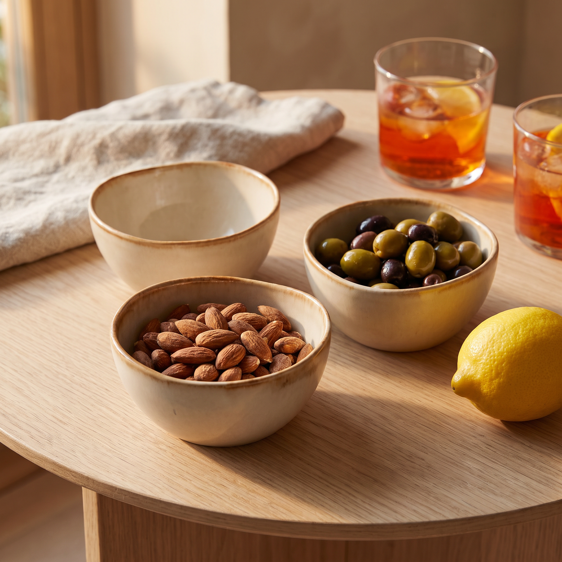 Tres tigelas pequenas Cascais em gres creme com aro caramelo, com amendoas e azeitonas numa mesa de aperitivo