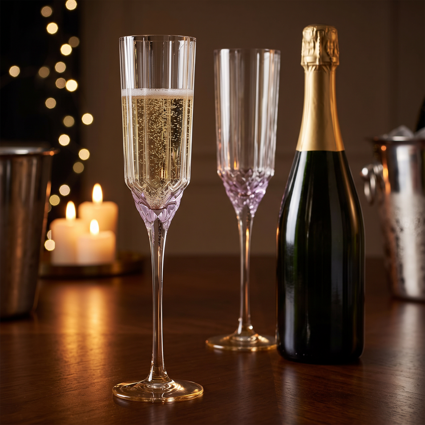 Flutes de champanhe Pink Blush em vidro transparente com relevo lilas e pe dourado, numa mesa de festa