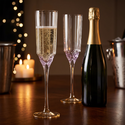 Flutes de champanhe Pink Blush em vidro transparente com relevo lilas e pe dourado, numa mesa de festa