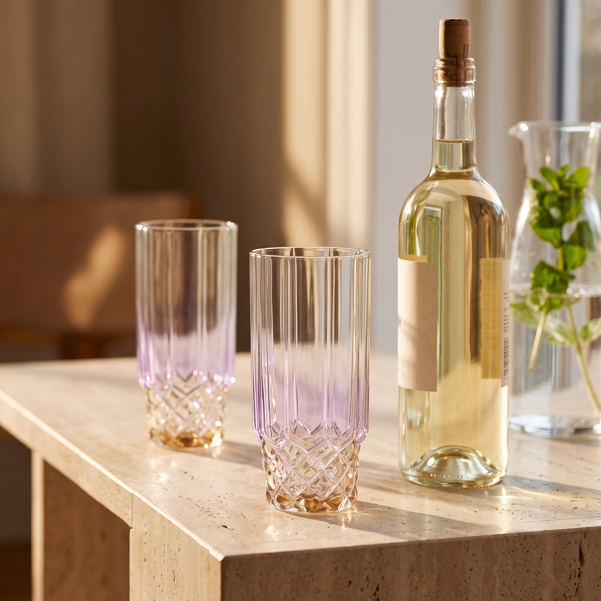 Copos altos Pink Blush em vidro transparente canelado com relevo lilas e base dourada, numa consola de travertino