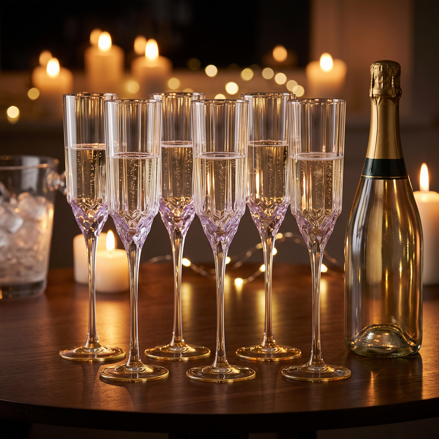 Seis flutes de champanhe Pink Blush em vidro transparente com relevo lilas e pe dourado, numa mesa de festa