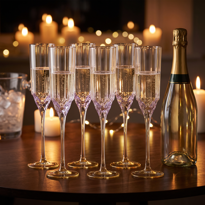 Seis flutes de champanhe Pink Blush em vidro transparente com relevo lilas e pe dourado, numa mesa de festa