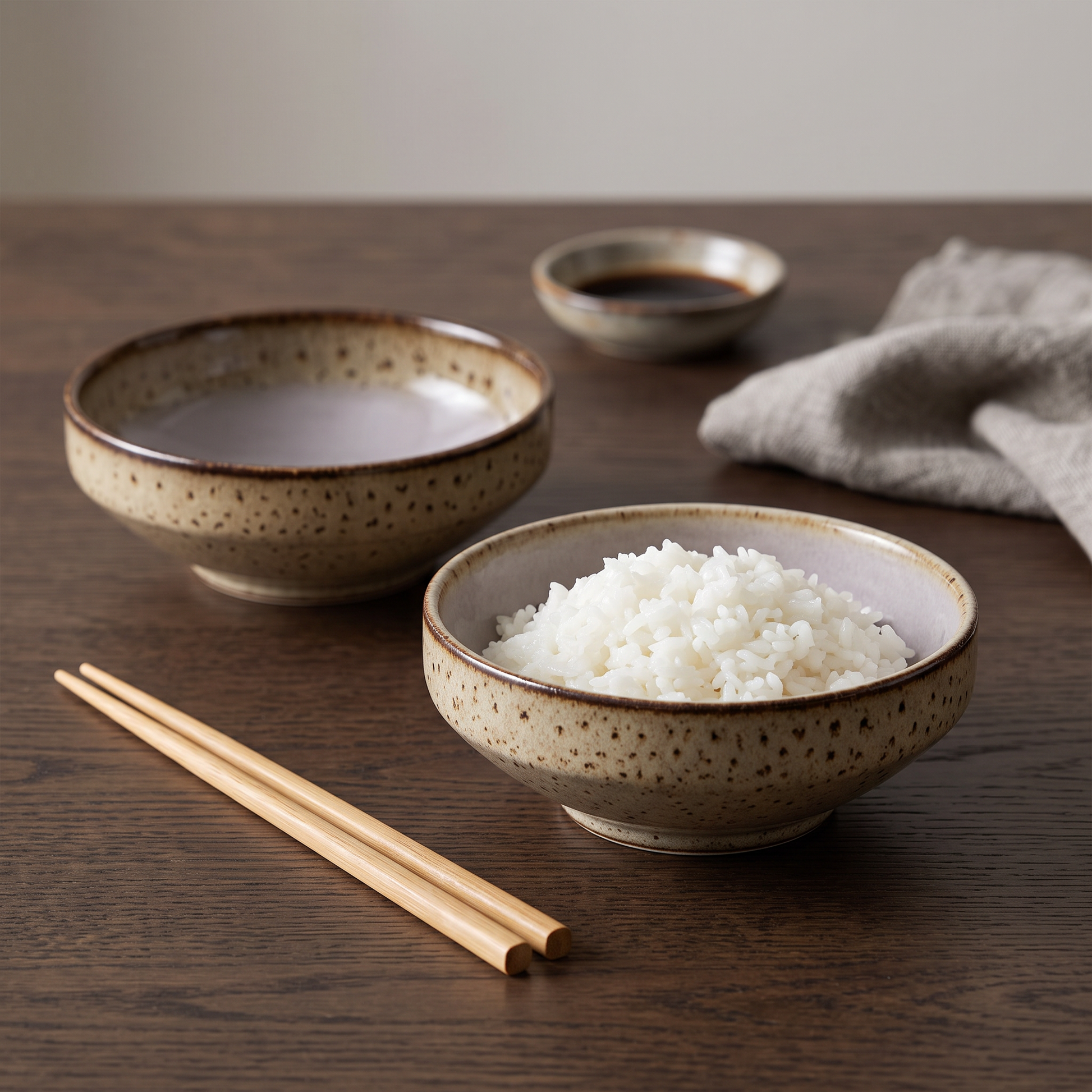Tacas baixas Kyoto em ceramica malhada com interior claro, com arroz e pauzinhos