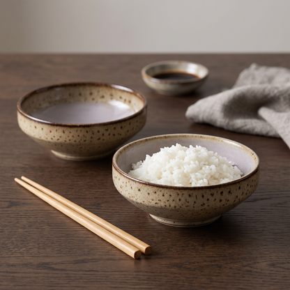 Tacas baixas Kyoto em ceramica malhada com interior claro, com arroz e pauzinhos