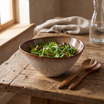 Taca de servir Peniche em gres estriado com salada, numa mesa de madeira crua