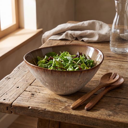 Taca de servir Peniche em gres estriado com salada, numa mesa de madeira crua