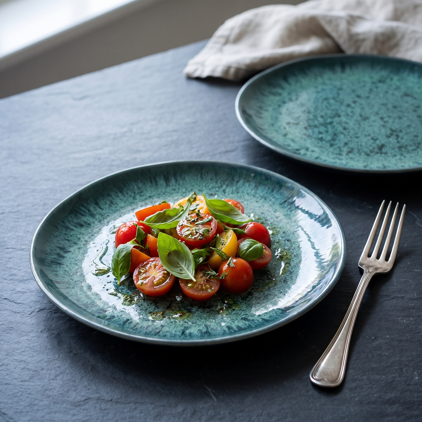 Pratos de salada Aqua em gres azul-agua com vidrado reactivo, numa mesa de ardosia