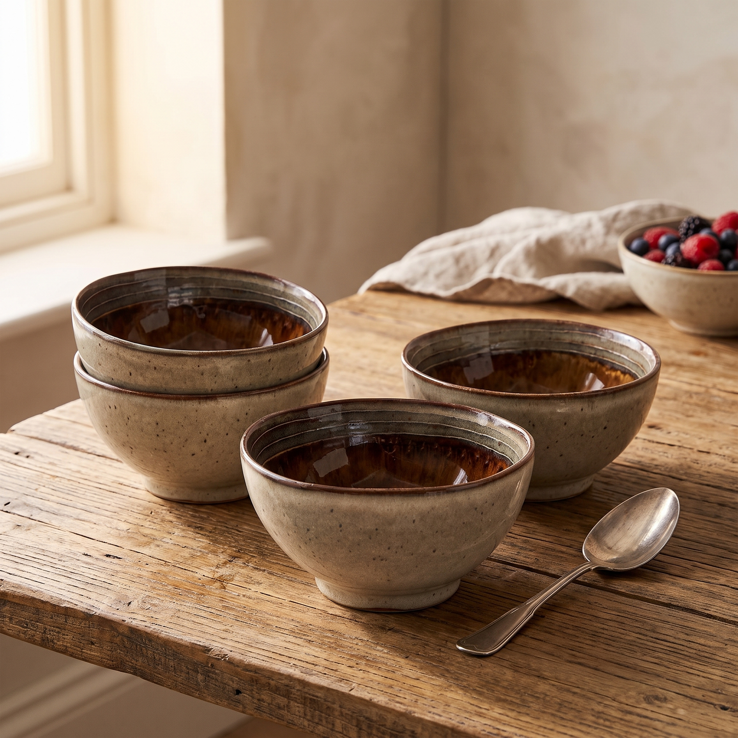 Quatro tacas de cereais Comporta em gres craquele creme com interior castanho, numa mesa de madeira crua