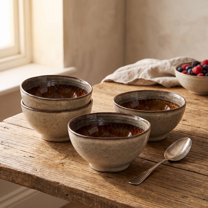 Quatro tacas de cereais Comporta em gres craquele creme com interior castanho, numa mesa de madeira crua
