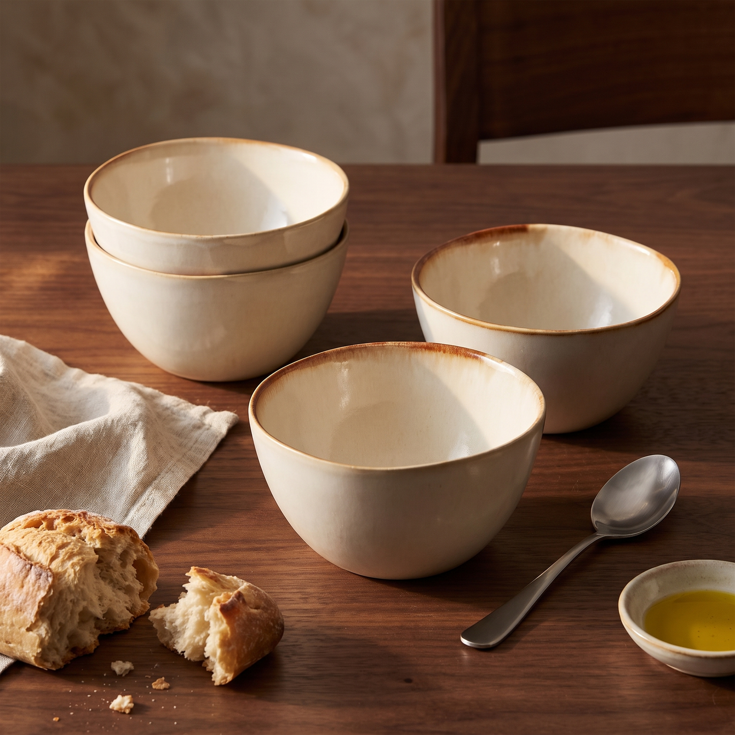 Quatro tigelas Cascais em gres creme com aro caramelo, numa mesa de nogueira com pao e azeite