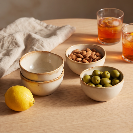 Quatro tigelas pequenas Cascais em gres creme com aro caramelo, numa mesa de aperitivo com amendoas e azeitonas