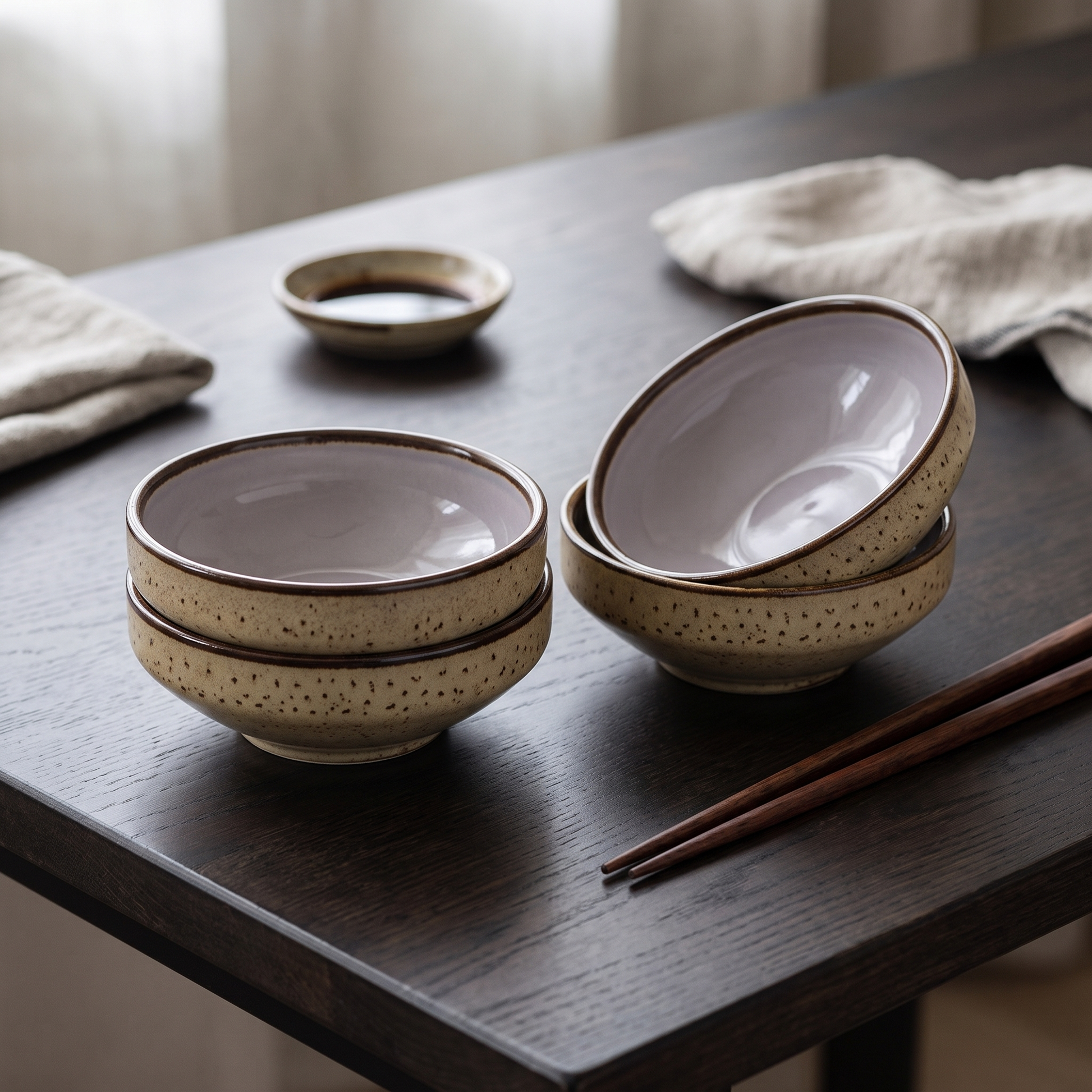 Quatro tacas baixas Kyoto em ceramica malhada com interior claro, numa mesa escura com pauzinhos