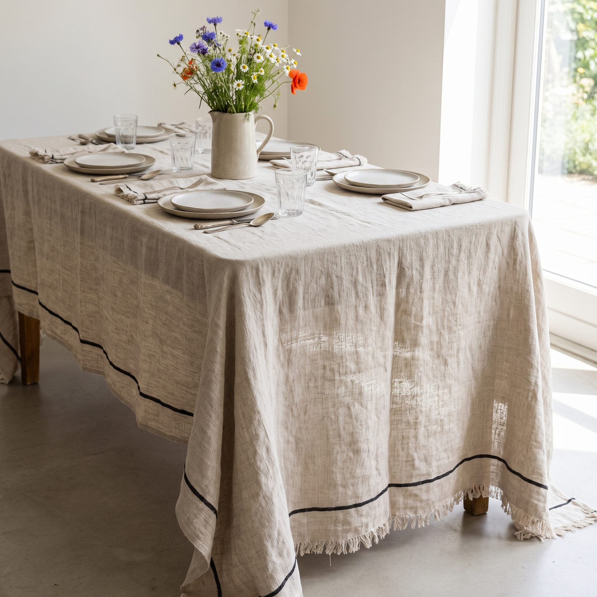 Toalha de mesa Toscana em linho natural com risca preta e franjas, numa mesa posta junto a janela