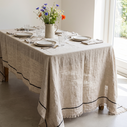Toalha de mesa Toscana em linho natural com risca preta e franjas, numa mesa posta junto a janela