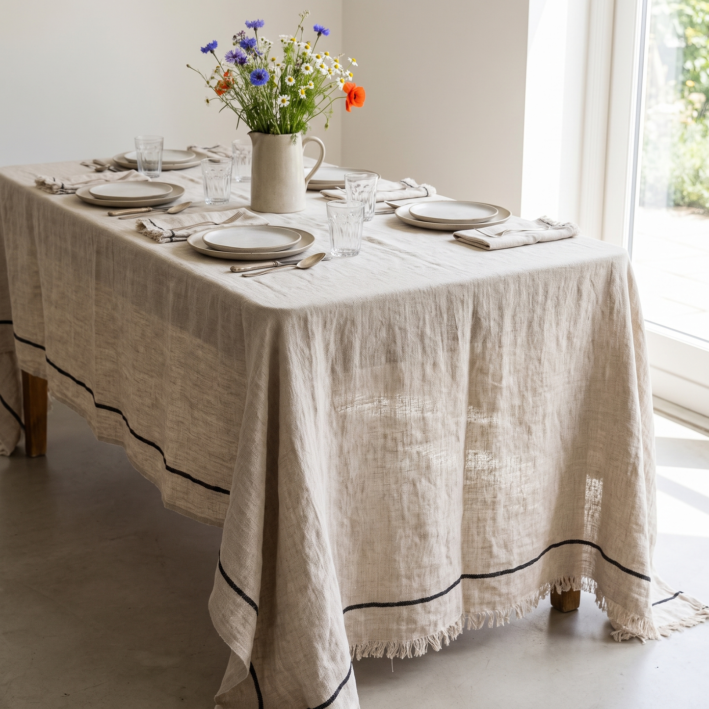 Toalha de mesa Toscana em linho natural com risca preta e franjas, numa mesa posta junto a janela