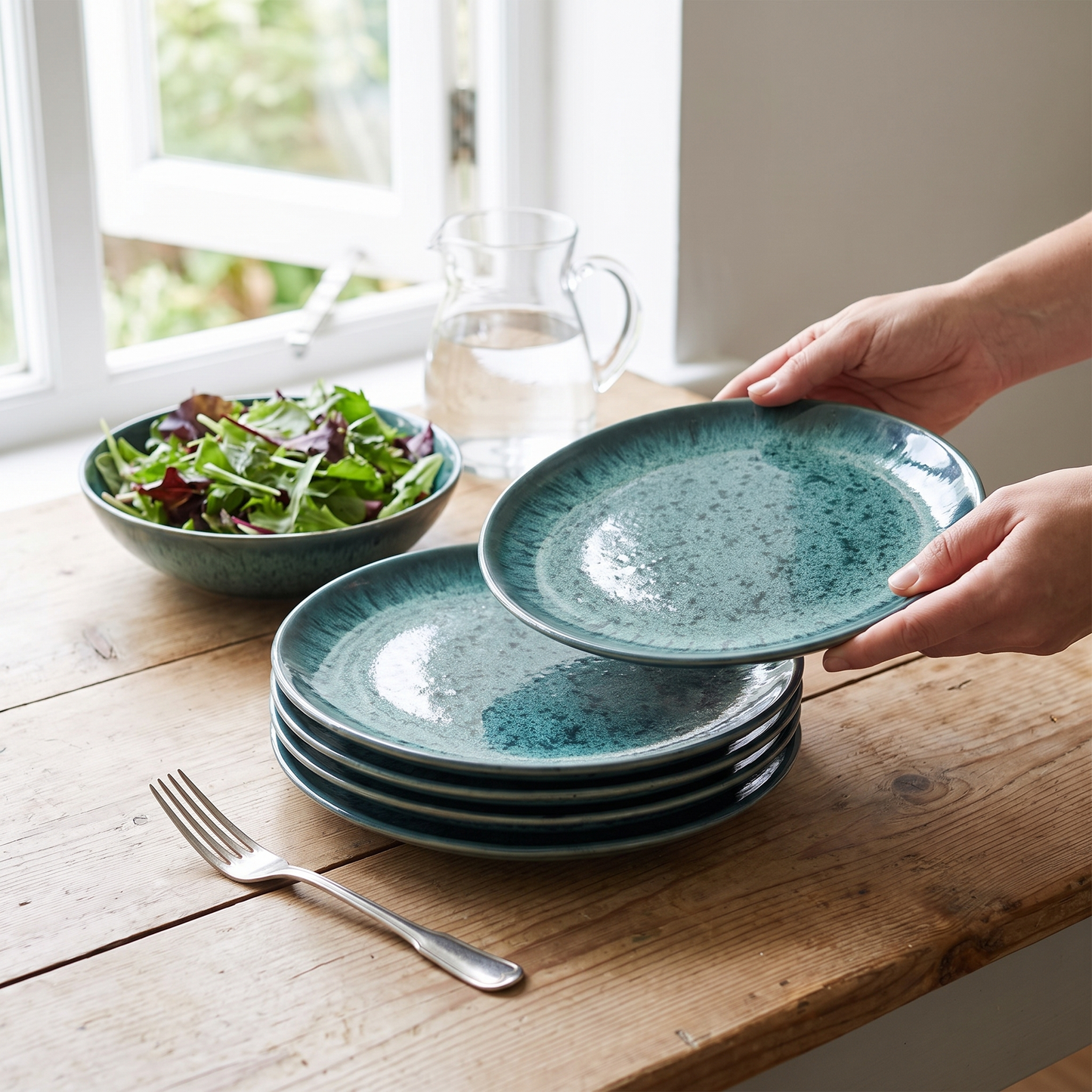 Seis pratos de salada Aqua em gres azul-agua, cinco empilhados e um segurado nas maos, numa mesa de almoco junto a janela